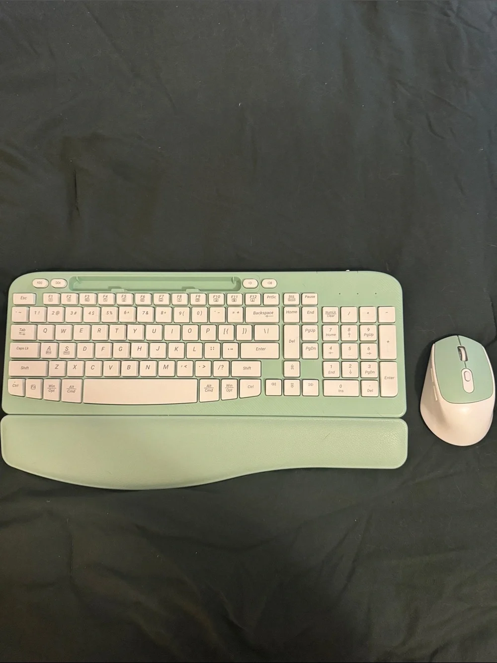 Ergonomic Mint Green Wireless Keyboard with Phone Holder and Mouse Set